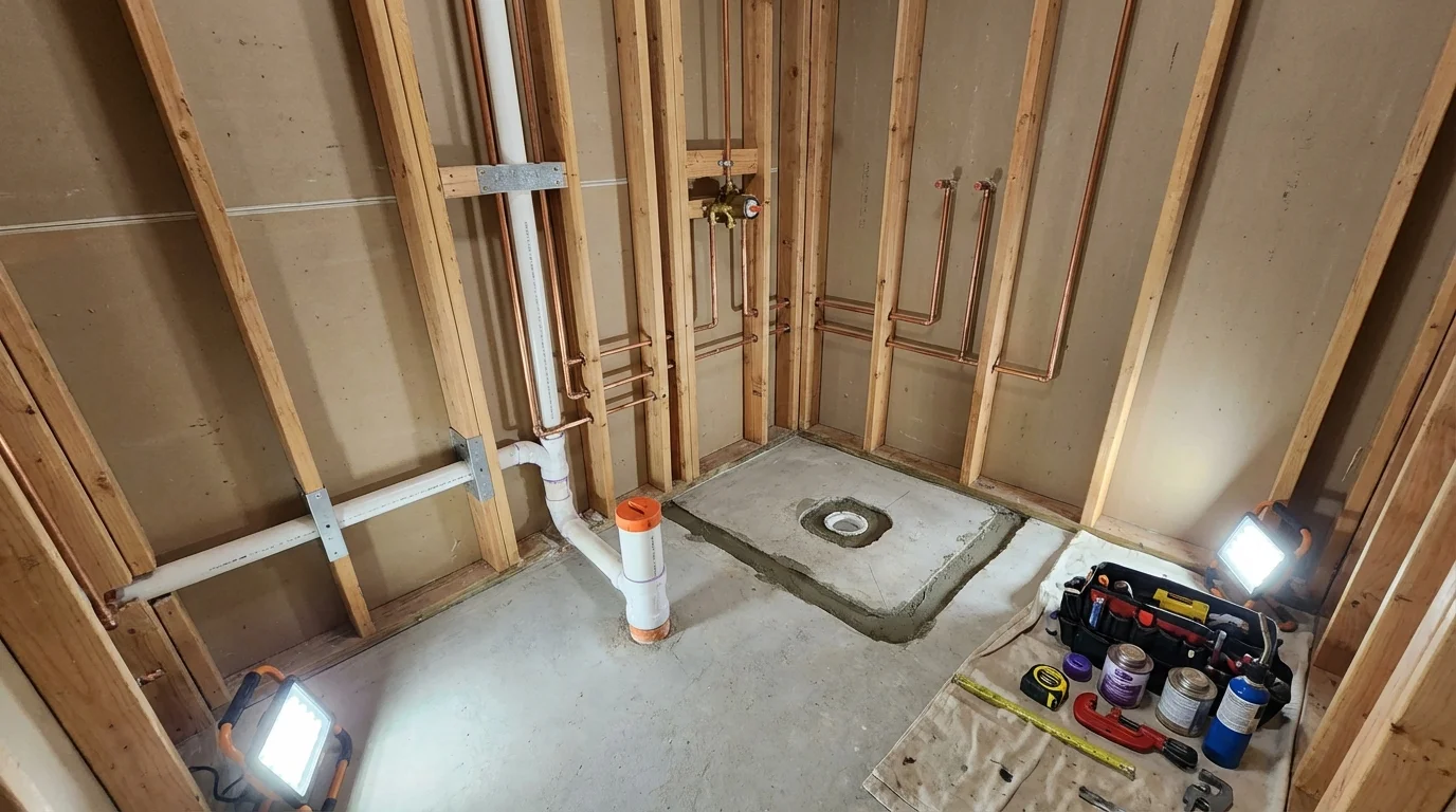 Bathroom rough-in plumbing during remodel by Johns Plumbing LLC in Big Rock